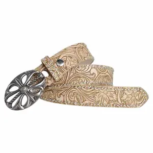 Western embossed leather belt with rhinestone studded edges and ornate metal buckle for women.
