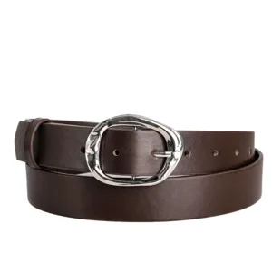 Close up of a brown PU leather belt with an unique irregular silver buckle for women jeans.