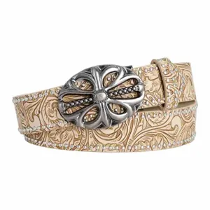 Detailed view of the beige embossed western leather belt featuring an ornate silver floral buckle.