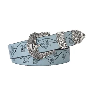 Vintage light blue leather belt with floral prints and carved silver buckle for jeans