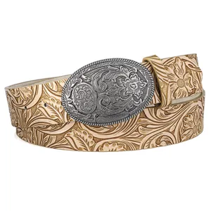 Detailed view of western cowboy belt with embossed peony pattern and carved buckle