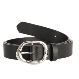 Close-up detail of black PU leather belt featuring irregular silver metal pin buckle.