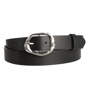 Women's black PU leather belt with unique irregular silver pin buckle for casual jeans.