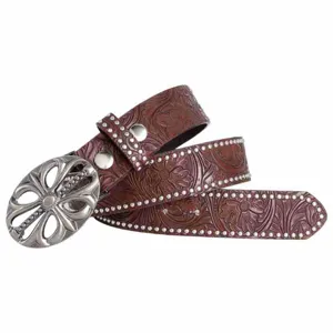 Western embossed leather belt with decorative metal buckle and pearl bead edge details.
