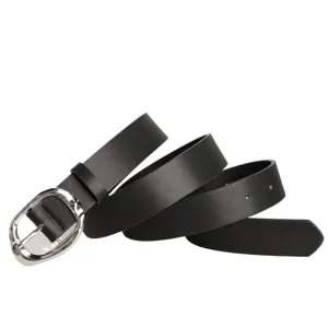Close-up detail of the black PU leather belt featuring an irregular silver metal pin buckle.