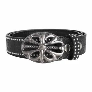 Western style black embossed leather belt featuring an ornate silver gothic cross buckle and studs.