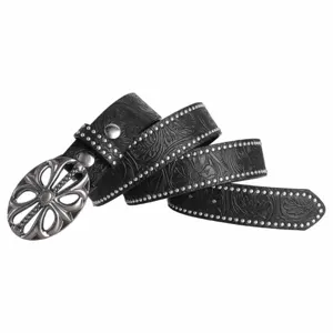 Detailed view of the black embossed western style leather belt featuring intricate metal buckle and studs.