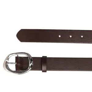 Dark brown fashion leather belt featuring an irregular silver metal buckle and pin closure.