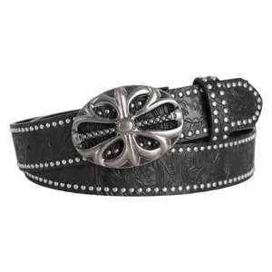 Black leather embossed western cowboy belt with silver floral buckle and metal studs for men women