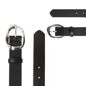 Black PU leather belt featuring a unique irregular silver metal buckle, perfect for casual jeans styling.