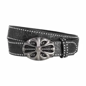 Vintage embossed black leather belt with ornate silver floral buckle and studded trim.
