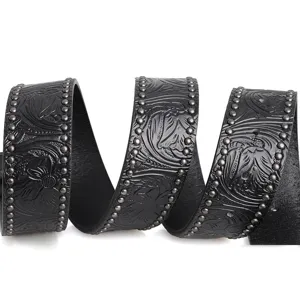 Black embossed leather belt with metal stud details, western retro style product detail shot.