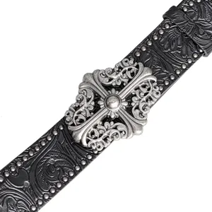 Black embossed leather belt with ornate silver cross buckle and detailed floral scrollwork.