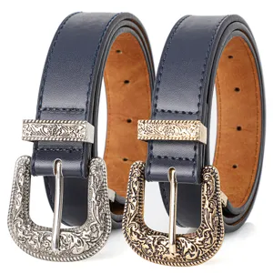 Pair of vintage navy blue belts for women with intricate gold and silver floral carved buckles
