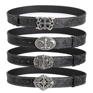 Vintage black leather belt set with gothic silver metal buckles for western cowboy punk fashion