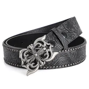 Black embossed leather belt with vintage gothic cross silver buckle and rivet edge design main