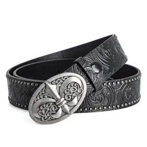 Black embossed western leather belt with vintage floral oval buckle and beaded edge.