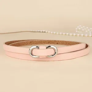 Elegant women's slim macaron pink leather belt with a silver infinity buckle detail