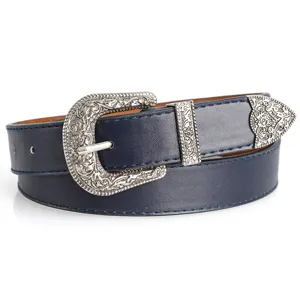 Western style navy blue belt with ornate silver-toned engraved metal buckle set details