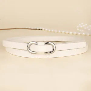 Elegant white slim belt for women featuring a silver infinity buckle, perfect for dresses