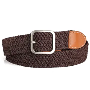 Brown woven stretch elastic belt with metal buckle and leather tip for women jeans pants