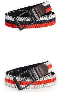 Detailed view of the striped elastic woven belt with metal rotating buckle and leather trim.