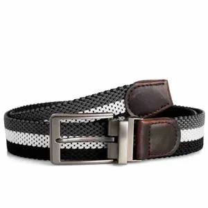 Woven elastic belt with rotating buckle, stylish striped design and durable leather ends.