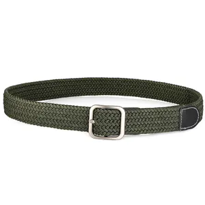 Army green elastic woven canvas belt with silver pin buckle, casual everyday trousers accessory.