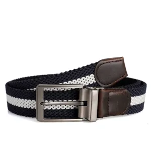 Elastic woven belt with rotating metal buckle and blue white stripes, versatile detail view.