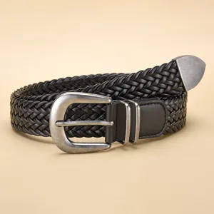 High-quality detail of a black PU woven belt featuring a vintage silver metal pin buckle