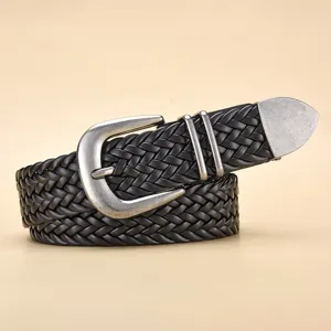 Vintage black braided PU leather belt with silver pin buckle for casual wear