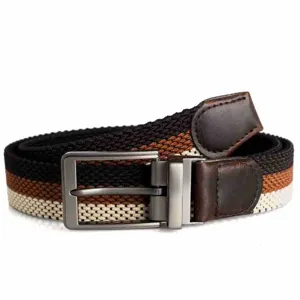 Detailed view of the braided elastic belt featuring a metal rotating buckle and leather tips.