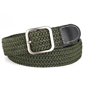 Detailed view of army green woven stretch belt with metal buckle, casual design for everyday wear.
