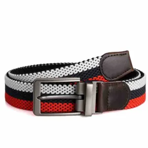 Close-up of the striped woven elastic belt featuring metal rotating buckle and brown tips.