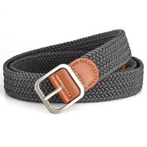 Women's stretch woven belt with stylish pin buckle and dark grey elastic braided strap for jeans.