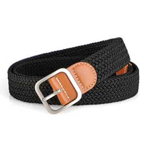 Women braided elastic belt stylish black canvas waist belt with pin buckle for jeans casual