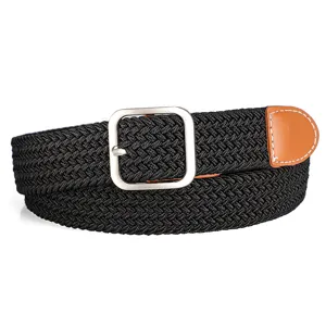 Black braided elastic belt for women with silver square buckle and brown leather tip.