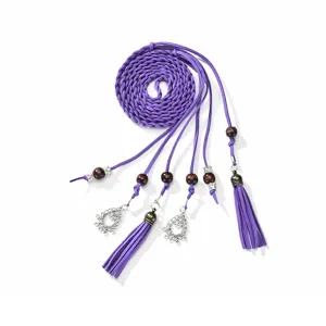 Purple braided suede waist belt with wooden beads and tassels for women bohemian style