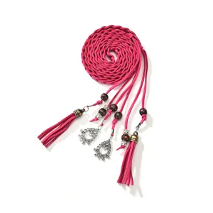 Pink suede braided waist belt with tassels metal charms bohemian style women dress accessory
