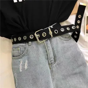 Cinturón punk de lona negra con ojales plateados para mujer accesorio de moda hip hop