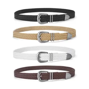 Set of four vintage braided PU belts with antique metal buckles in multiple colors