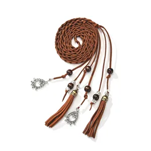 Bohemian braided faux suede waist belt with wooden beads and tassel pendants for women.
