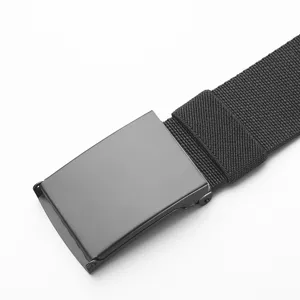 Black nylon elastic belt detail shot featuring a matte metal buckle and woven strap.