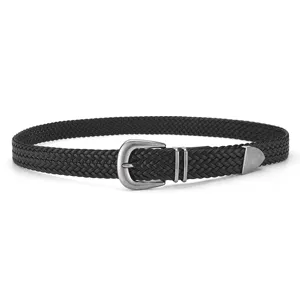 Vintage black PU braided belt with silver-toned metallic pin buckle for men and women