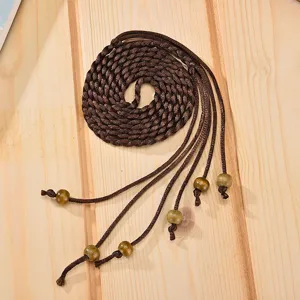 Women Minimalist Braided Slim Belt Fashion Microfiber Woven Waist Chain With Wood Beads For Dresses Ladies Decorative Belt