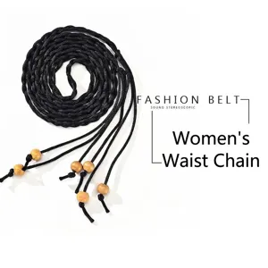 Elegant hand-braided black cord waist belt for women with decorative light wooden beads
