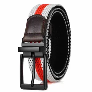 Elastic braided belt with metal rotating buckle, casual unisex design for daily wear.