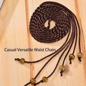 Minimalist brown braided thin waist chain belt with wooden beads for women dresses