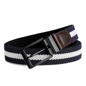 Men women woven elastic belt with stripe, black metal buckle and casual daily design.
