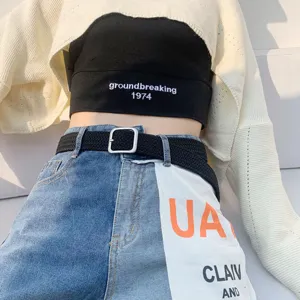 Black canvas woven belt for women men casual elastic waist belt with metal square buckle